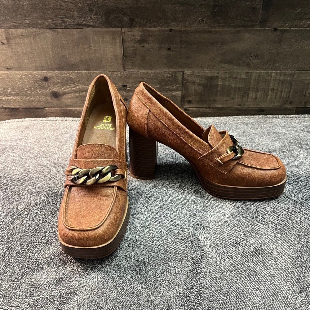White Mountain Brown Chain Link Block Heel Platform Loafers 6.5M Preppy Retro
